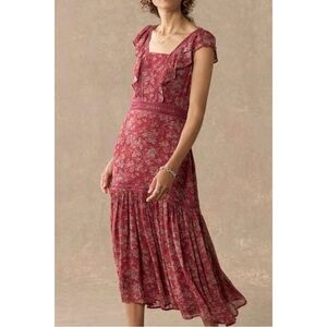 Sundance Size 8 Petite Red Plum Harvest Florals Ruffle Midi Dress Butterfly Bird